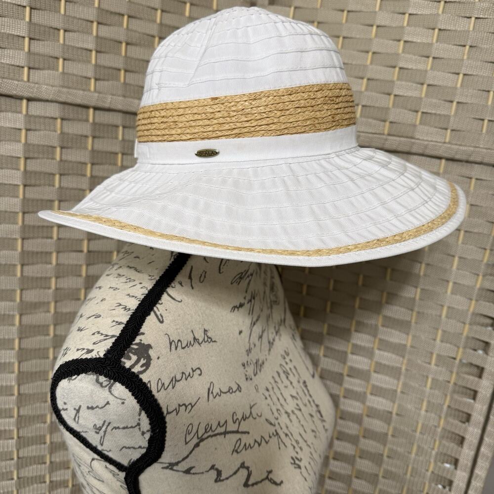 Scala Split Back Brim Women’s Sun Hat White Raffia Trim Hook and Loop Adjustable